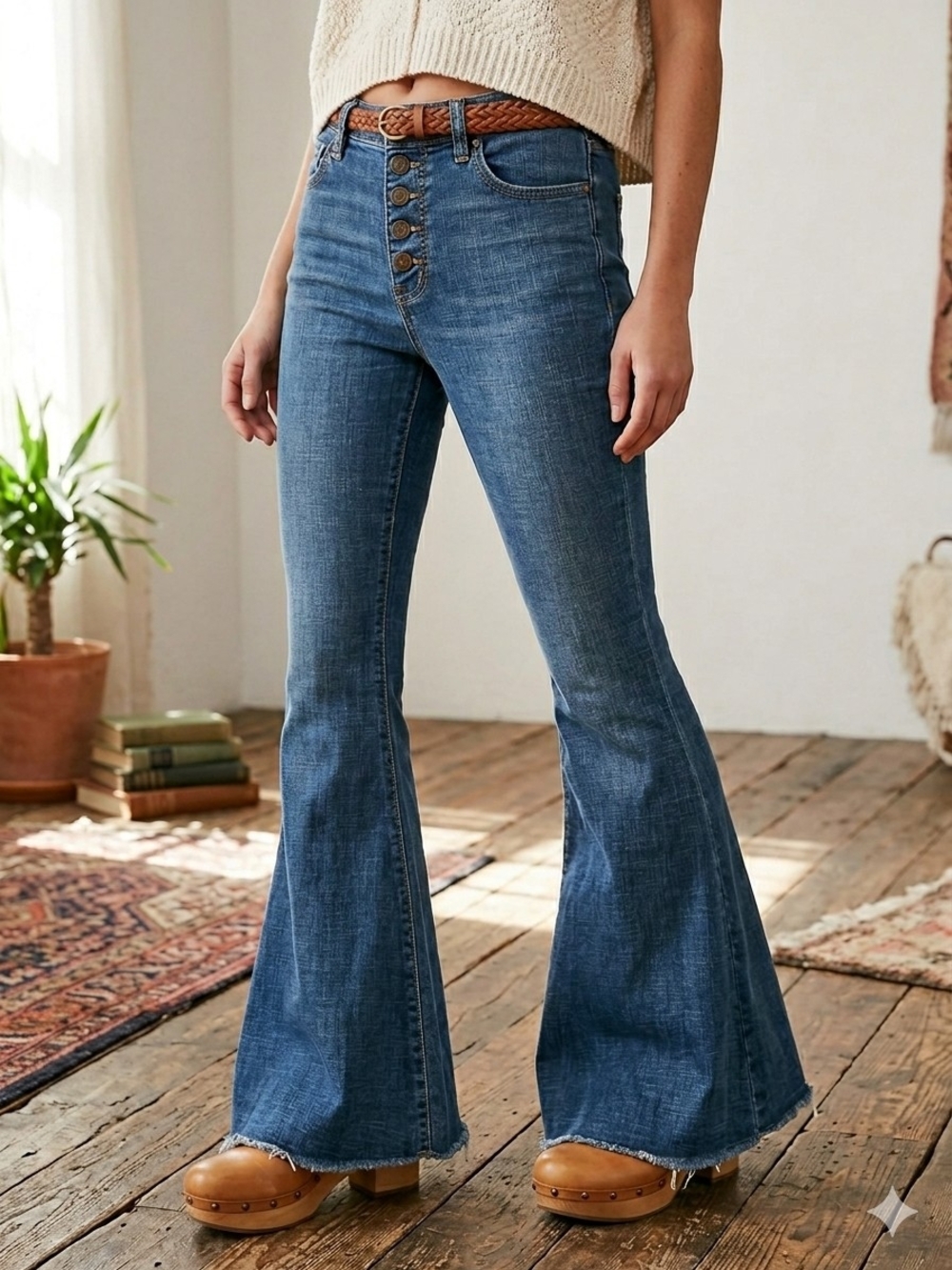 Free People High Rise Button Fly Flare Jeans Raw Hem Size 25 Blue